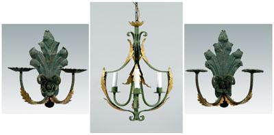 Iron and toleware chandelier, sconces,
