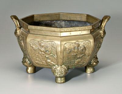 Chinese footed brass planter, octagonal,
