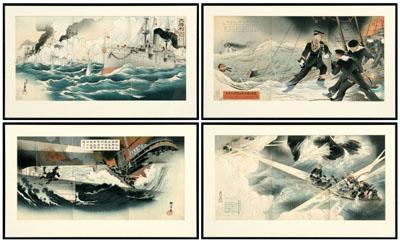 Four Japanese woodblock triptychs, Russo-Japanese