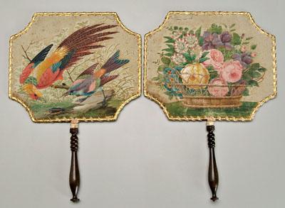 Pair painted silk fans: cartouche