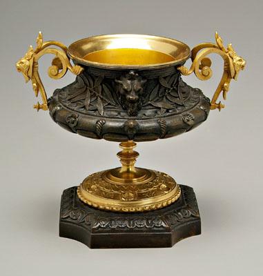 Ormolu-mounted bronze urn, lions head