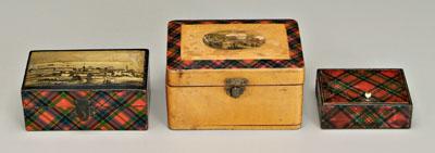 Three tartanware boxes: fabric-lined