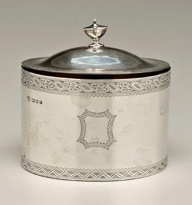 English silver tea box, oval with