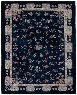 Chinese rug, repeating floral bouquets