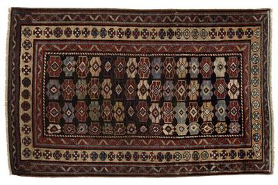 Kazak rug, repeating rows of geometric