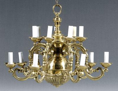 Brass chandelier, seven scrolled arms,