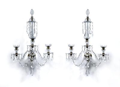 Pair brass mounted crystal sconces: