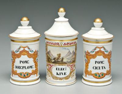 Three porcelain apothecary jars: