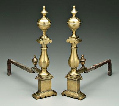 Pair brass andirons: ball and urn