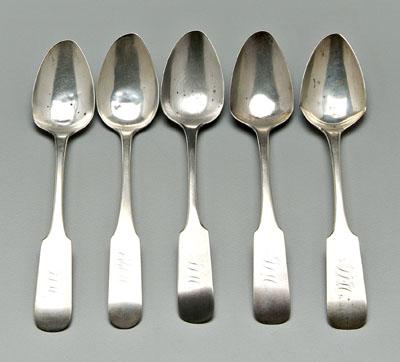 Five coin silver spoons, downturned