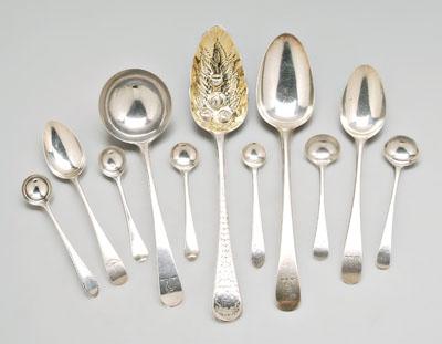 English silver spoons, ladles, knife: