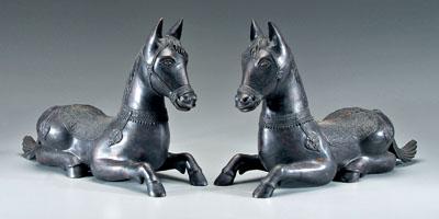 Pair Thai bronze horses: caparisoned