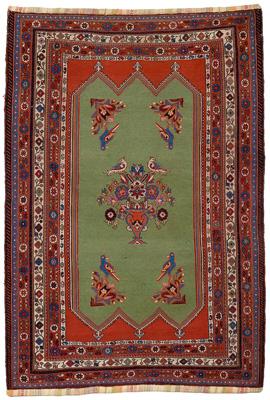 Embroidered Sumac rug, piled olive ground