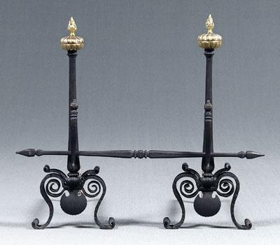 Pair baroque style andirons: brass