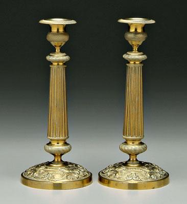 Pair ornate brass candlesticks: thistle