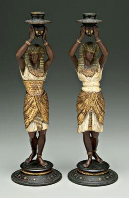 Pair spelter Egyptianate candlesticks  910b8