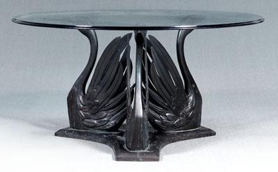 Bronze swan form glass top table,