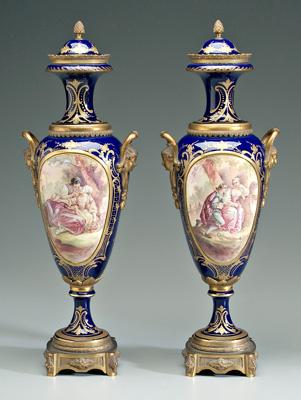 Pair ormolu mounted Sèvres urns: