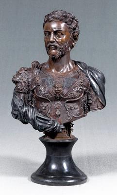 Bronze bust of Roman soldier, ornate