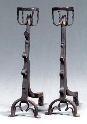 Pair Gothic wrought iron andirons: