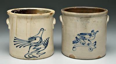 Two stoneware crocks with birds, both