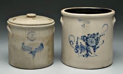 Two stoneware crocks cobalt floral 91626