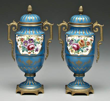 Pair Sevres lidded urns hand painted 91738