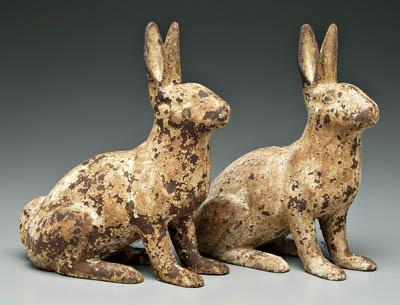 Pair cast iron rabbits old white 9144c