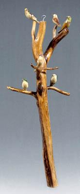 Folk art tree with birds, carved