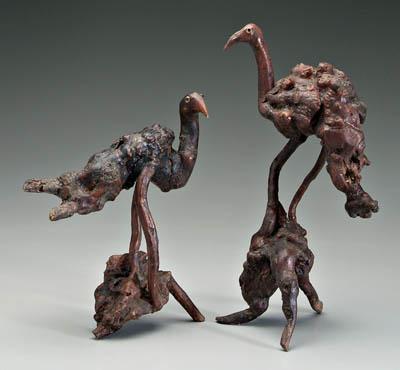 Two folk art birds: assembled burlwood