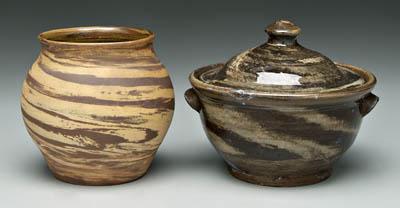 Two swirl pottery pots: one with glossy