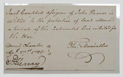 Patrick Henry signed note granting 914d2