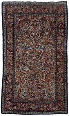 Persian rug, vase flanked by tree,