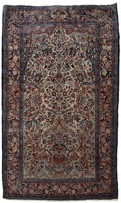 Persian rug, vase flanked by peacocks,