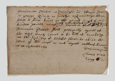 1691 Pilgrim document, nine-line manuscript