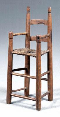 Early child's highchair, mixed hardwoods