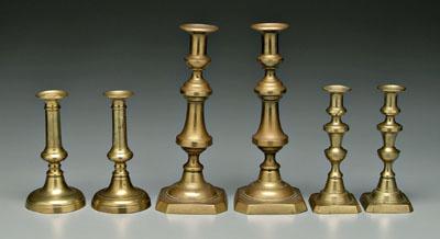 Three pairs brass candlesticks: