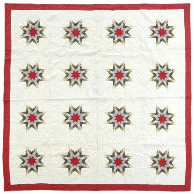 Star pattern pieced quilt, 16 eight-pointed