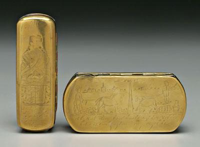 Two brass tobacco boxes one with 91b10