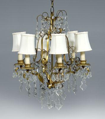 Brass and crystal chandelier, six