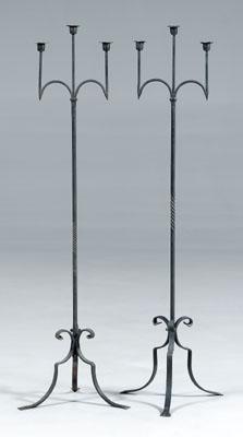 Pair wrought iron torch&eacute;res: