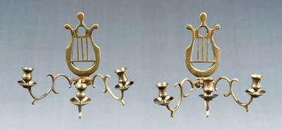Pair brass sconces lyre pediment 91821