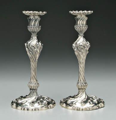 Pair elaborate English silver candlesticks: