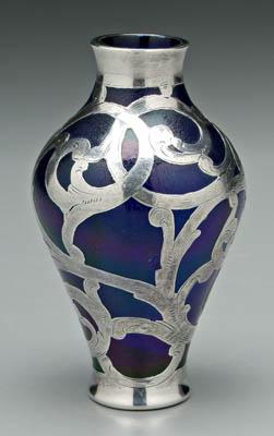 Silver overlay art glass vase,