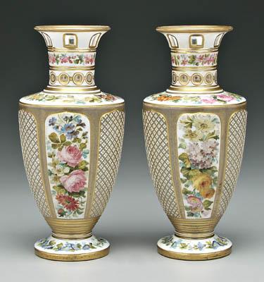 Pair cased glass urns white cut 91882