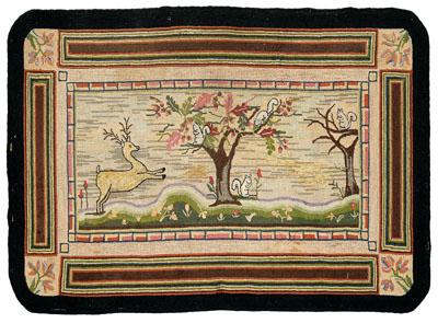 Folk art hooked rug, deer and squirrels