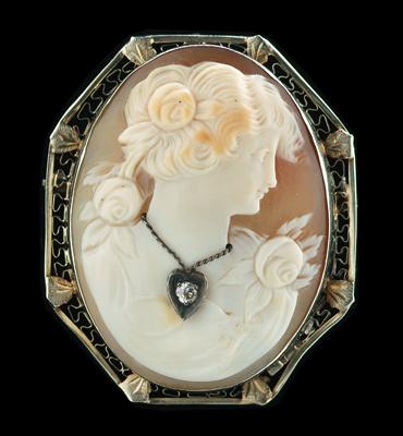 Diamond and cameo brooch, carved