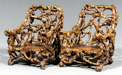 Pair Chinese root armchairs: joined