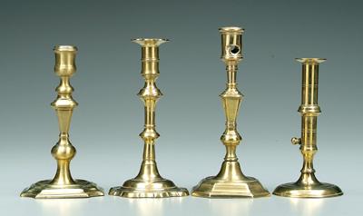 Four brass candlesticks: scalloped,