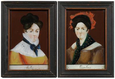 Pair reverse painted portraits, Betty